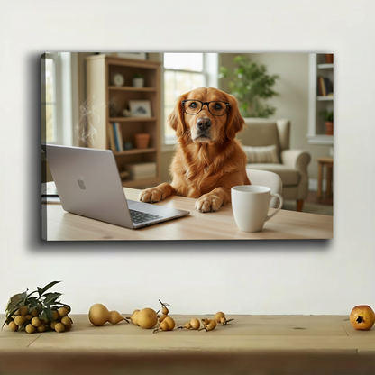 Golden Retriever in Glasses Working from Home Wall Art – Funny Dog Office Decor Print