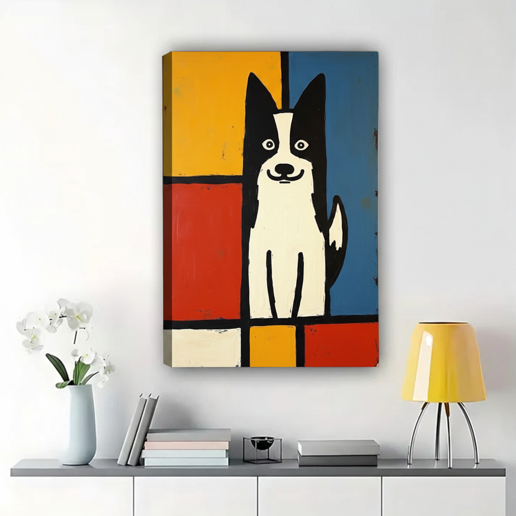 Mondrian Style Dog Art Print – Modern Geometric Canvas Wall Decor