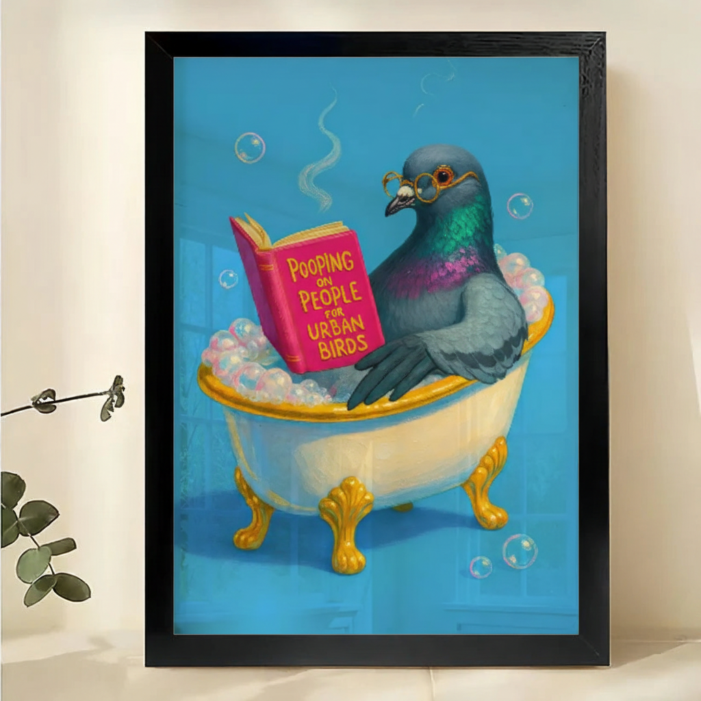 Pigeon Bathing & Reading – Retro Bathroom Wall Art on Natural Wood Canvas