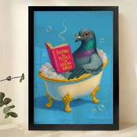 Pigeon Bathing & Reading – Retro Bathroom Wall Art on Natural Wood Canvas