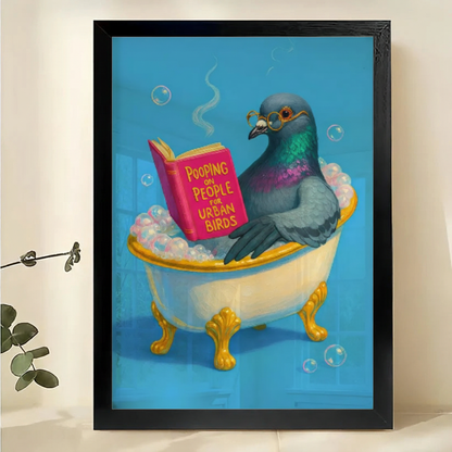 Pigeon Bathing & Reading – Retro Bathroom Wall Art on Natural Wood Canvas