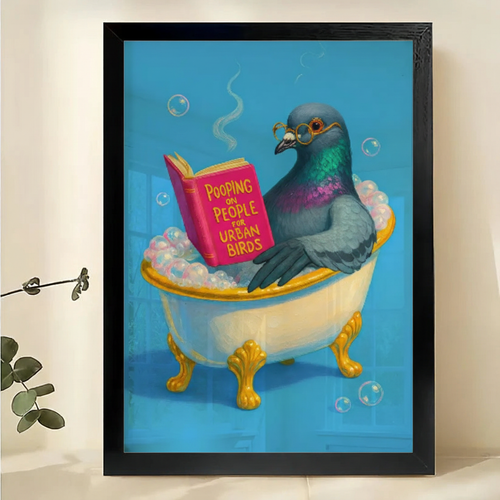 Pigeon Bathing & Reading – Retro Bathroom Wall Art on Natural Wood Canvas