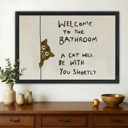 Welcome to the Bathroom Peeking Tabby Cat – Humorous Bathroom Wall Art on Natural Wood Canvas