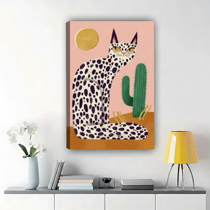 Leopard Print Cat & Cactus Art Print – Modern Boho Canvas Wall Decor