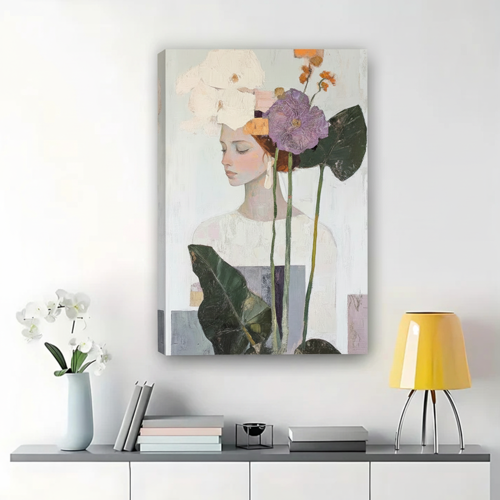 Floral Portrait Canvas Wall Art – Woman with Purple Flowers Impressionist Print