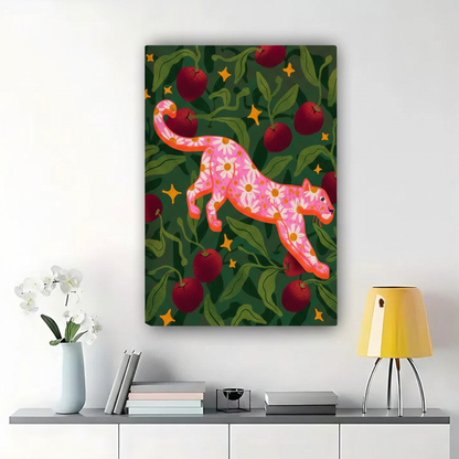 Pink Leopard Folk Art Print – Whimsical Apple Tree Canvas Wall Decor