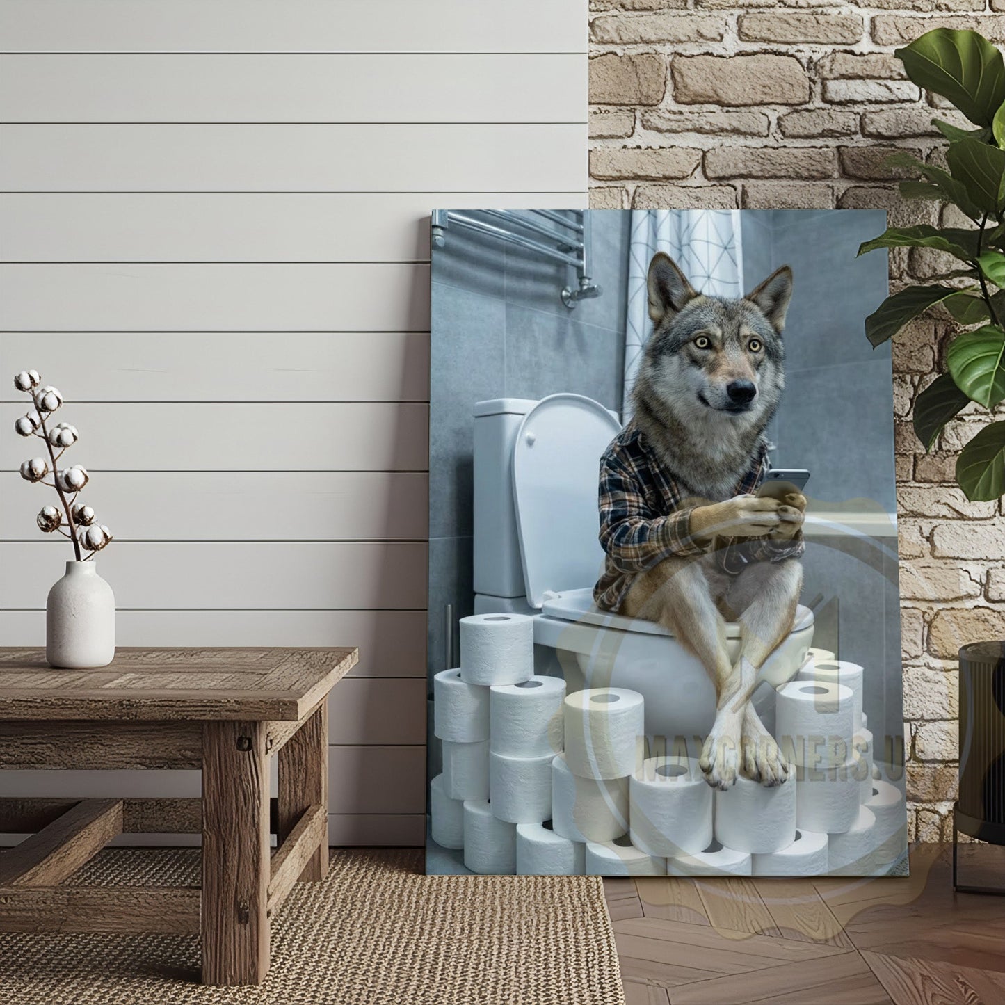 Wolf Canvas Industrial Bathroom Plaid Shirt Humor Canvas Wall Art