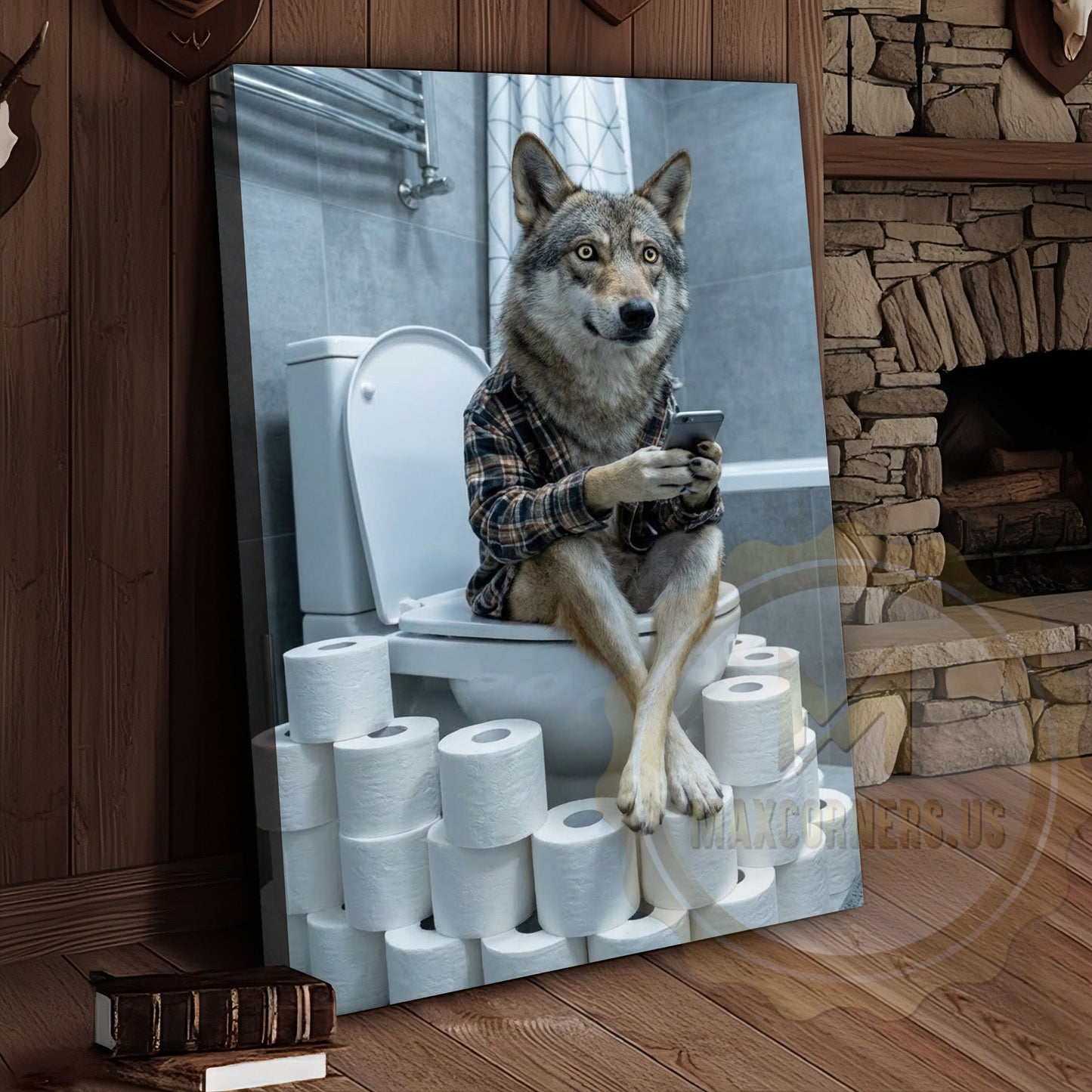 Wolf Canvas Industrial Bathroom Plaid Shirt Humor Canvas Wall Art
