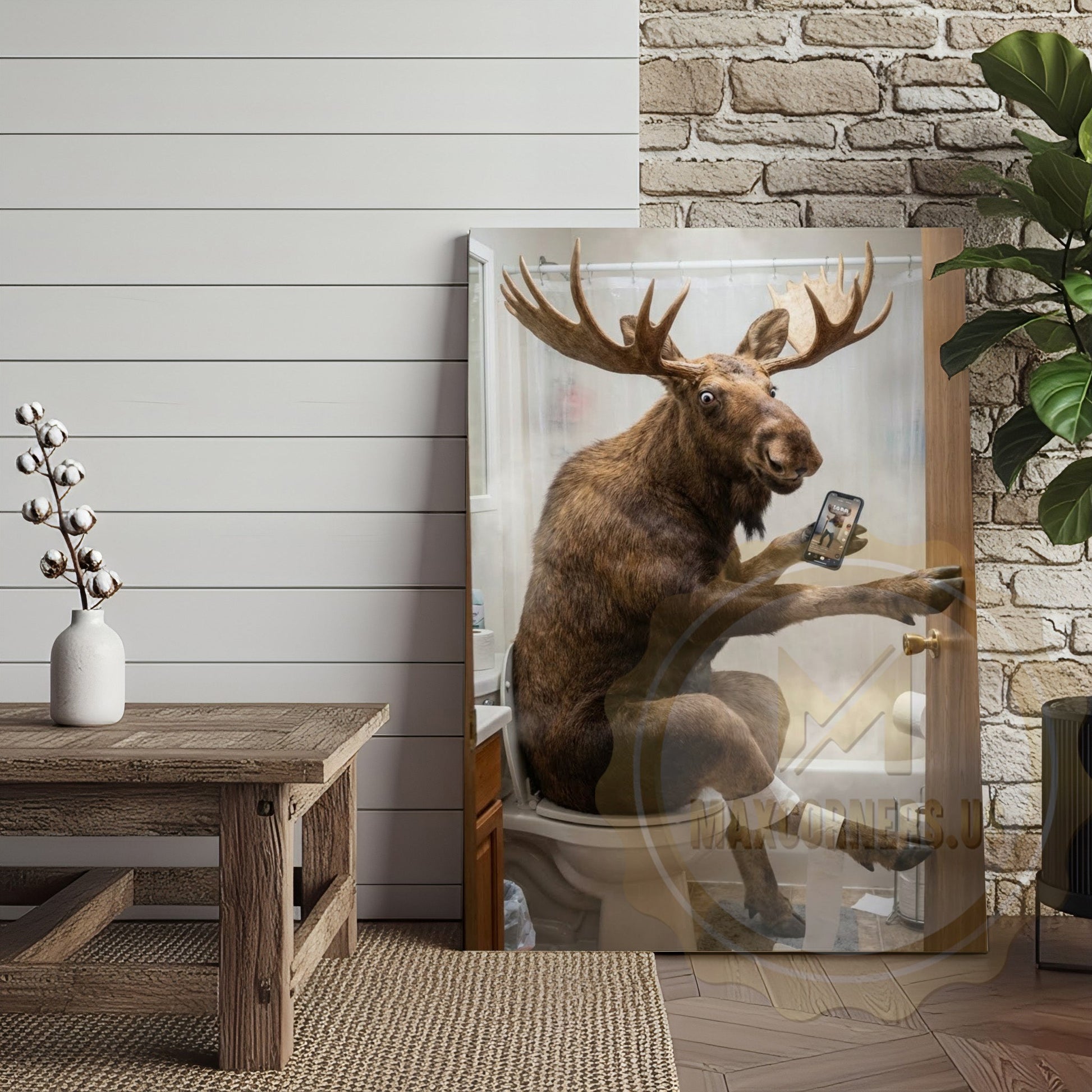 Moose Canvas White Bathroom Selfie Smartphone Humor Canvas Wall Art