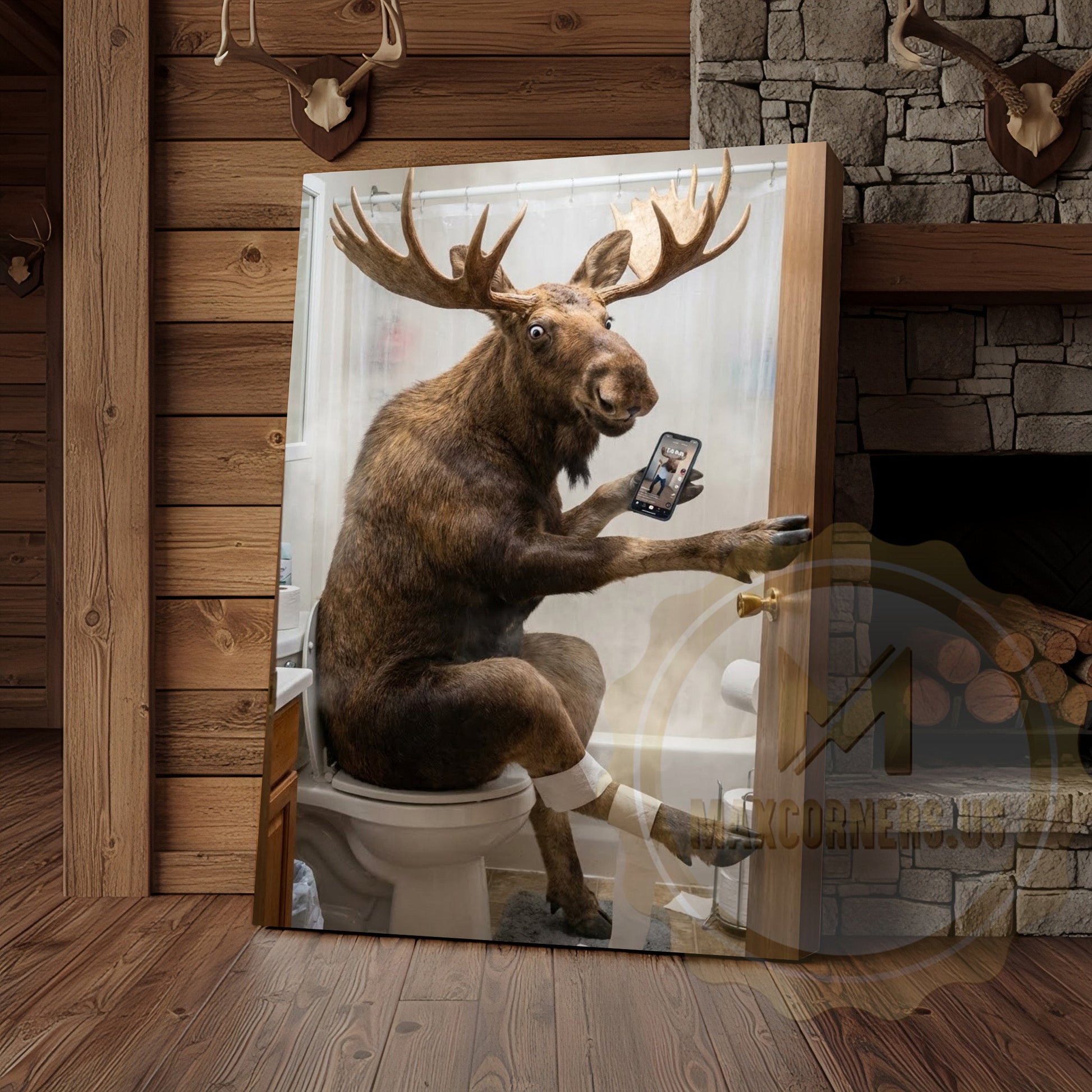 Moose Canvas White Bathroom Selfie Smartphone Humor Canvas Wall Art