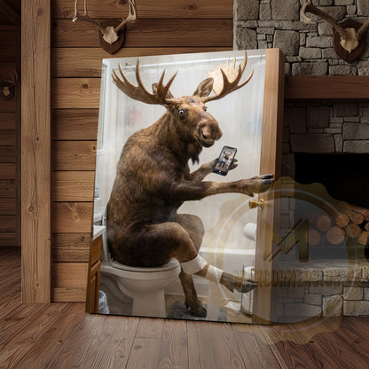 Moose Canvas White Bathroom Selfie Smartphone Humor Canvas Wall Art