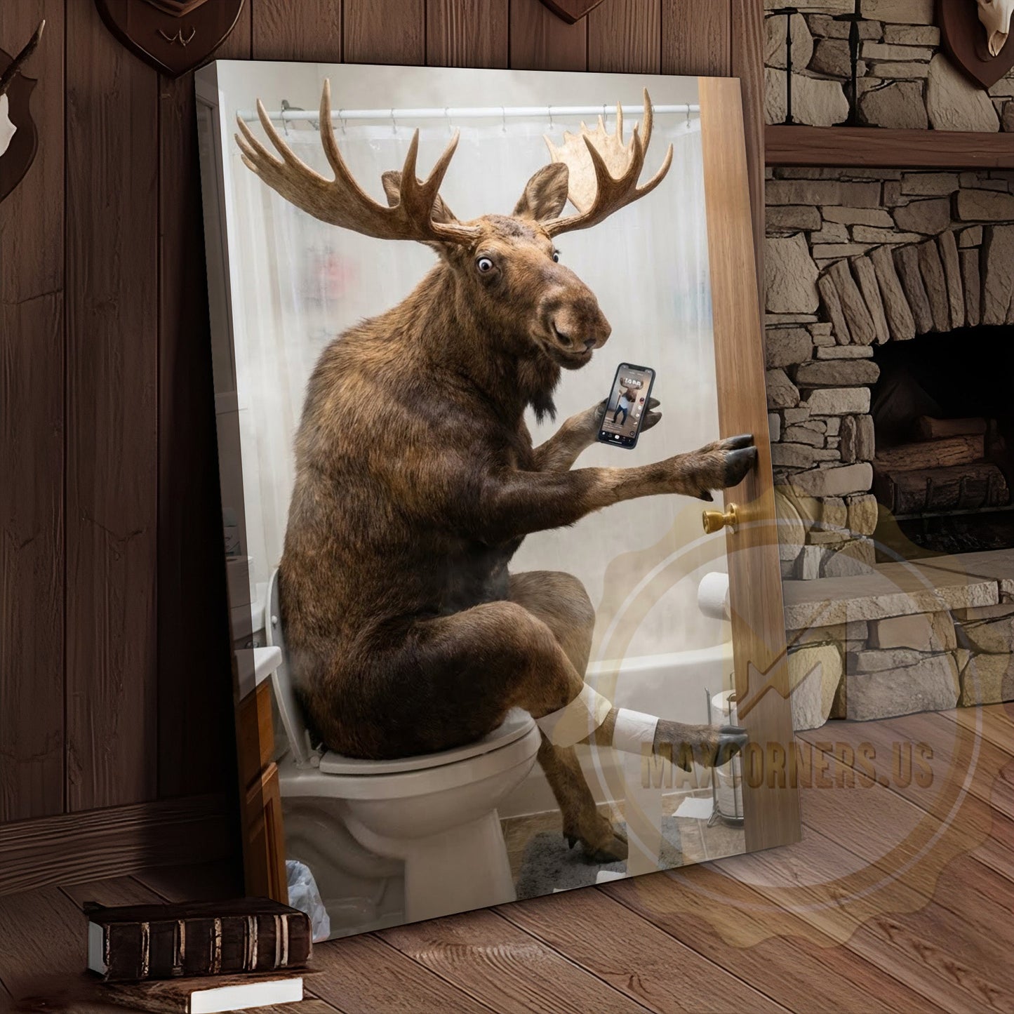 Moose Canvas White Bathroom Selfie Smartphone Humor Canvas Wall Art