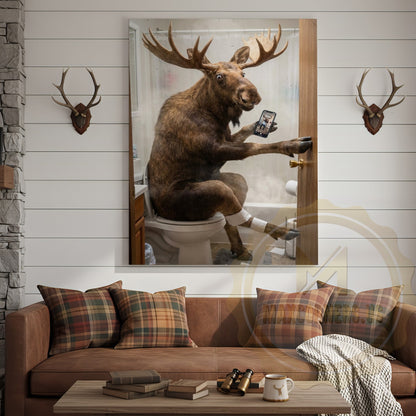 Moose Canvas White Bathroom Selfie Smartphone Humor Canvas Wall Art