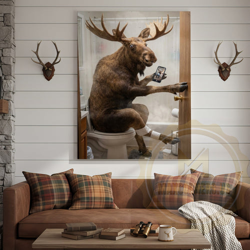 Moose Canvas White Bathroom Selfie Smartphone Humor Canvas Wall Art