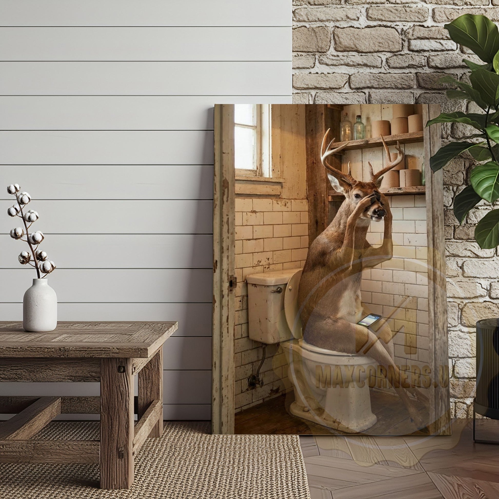 Deer Canvas Rustic Bathroom Coffee Smartphone Humor Canvas Wall Art