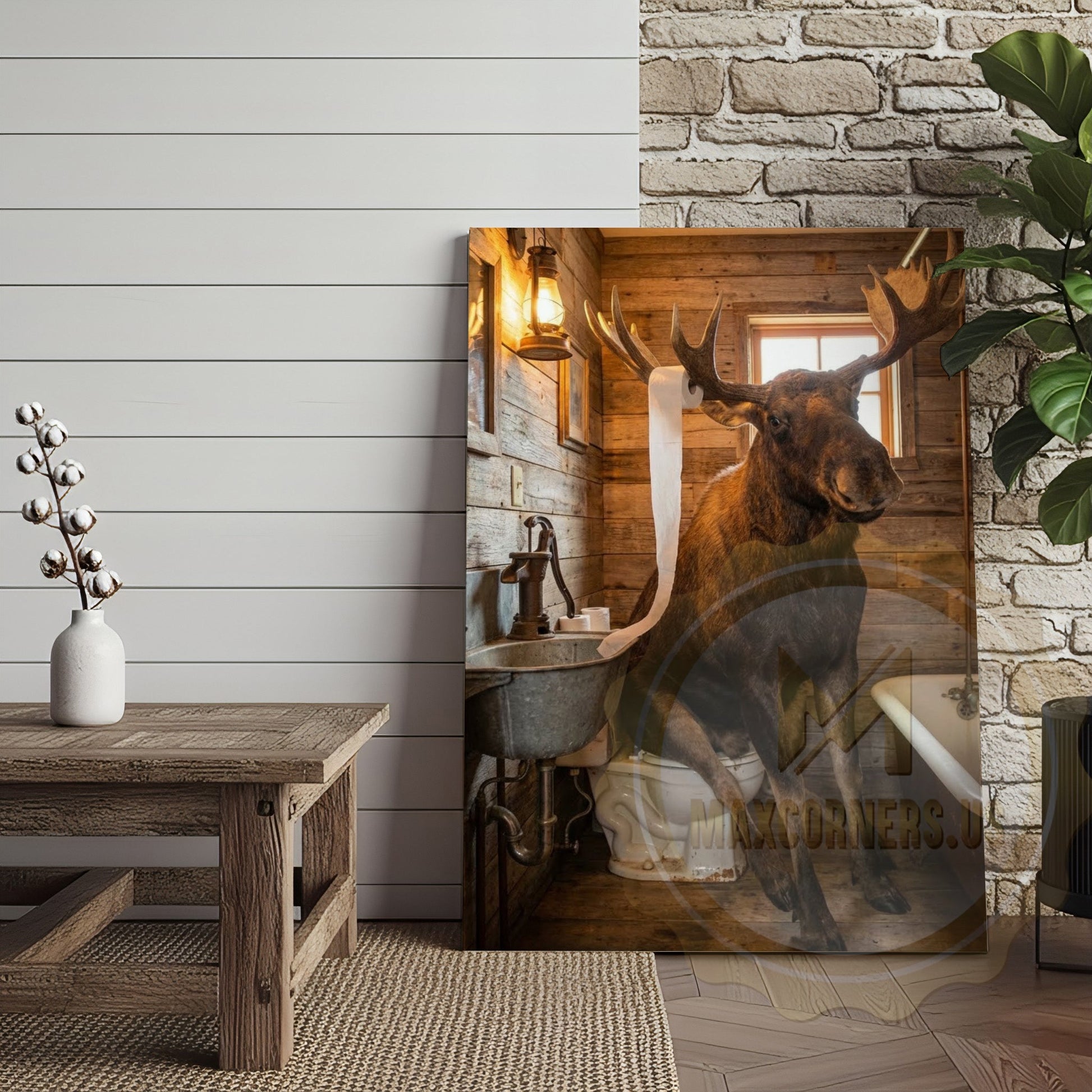 Moose Canvas Log Cabin Bathroom Vintage Bathtub Canvas Wall Art