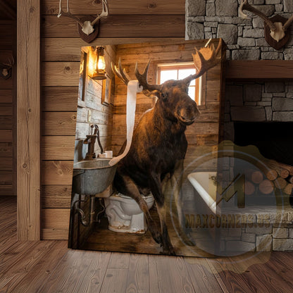 Moose Canvas Log Cabin Bathroom Vintage Bathtub Canvas Wall Art