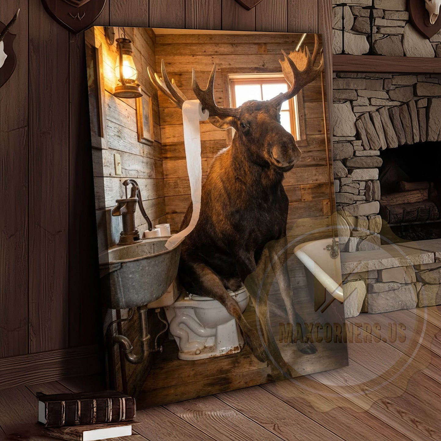 Moose Canvas Log Cabin Bathroom Vintage Bathtub Canvas Wall Art
