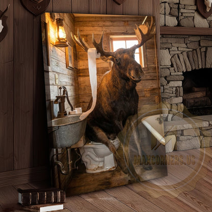 Moose Canvas Log Cabin Bathroom Vintage Bathtub Canvas Wall Art
