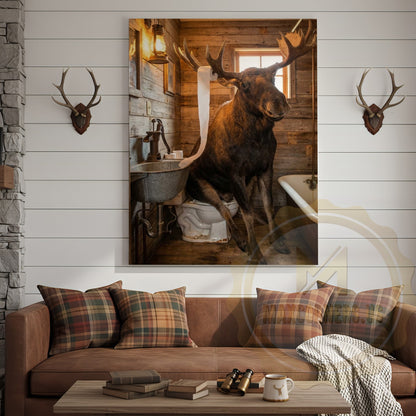 Moose Canvas Log Cabin Bathroom Vintage Bathtub Canvas Wall Art