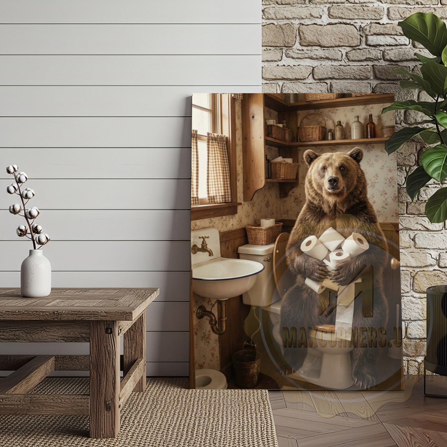 Bear Canvas Farmhouse Bathroom Toilet Paper Humor Canvas Wall Art
