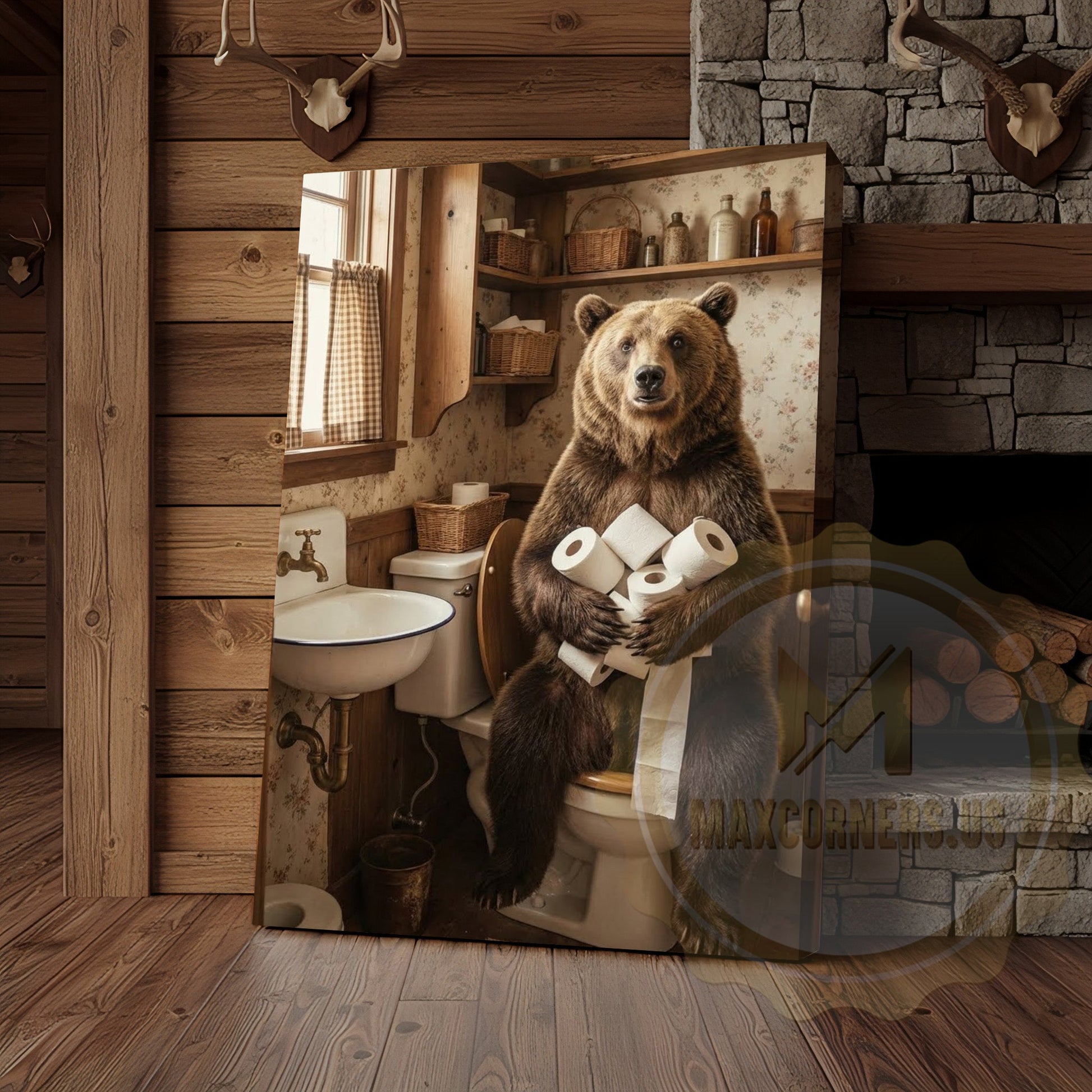 Bear Canvas Farmhouse Bathroom Toilet Paper Humor Canvas Wall Art