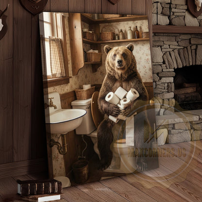 Bear Canvas Farmhouse Bathroom Toilet Paper Humor Canvas Wall Art