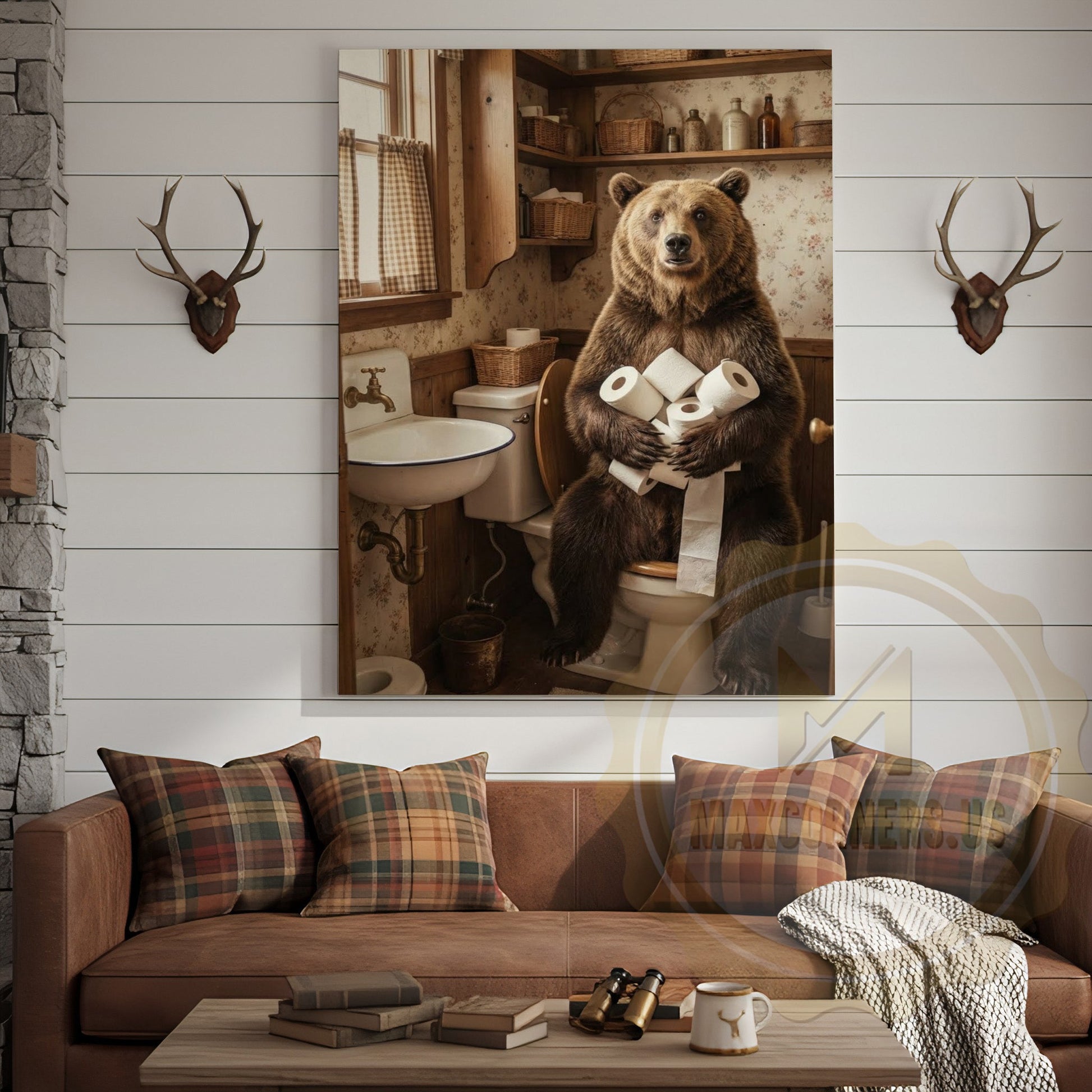 Bear Canvas Farmhouse Bathroom Toilet Paper Humor Canvas Wall Art