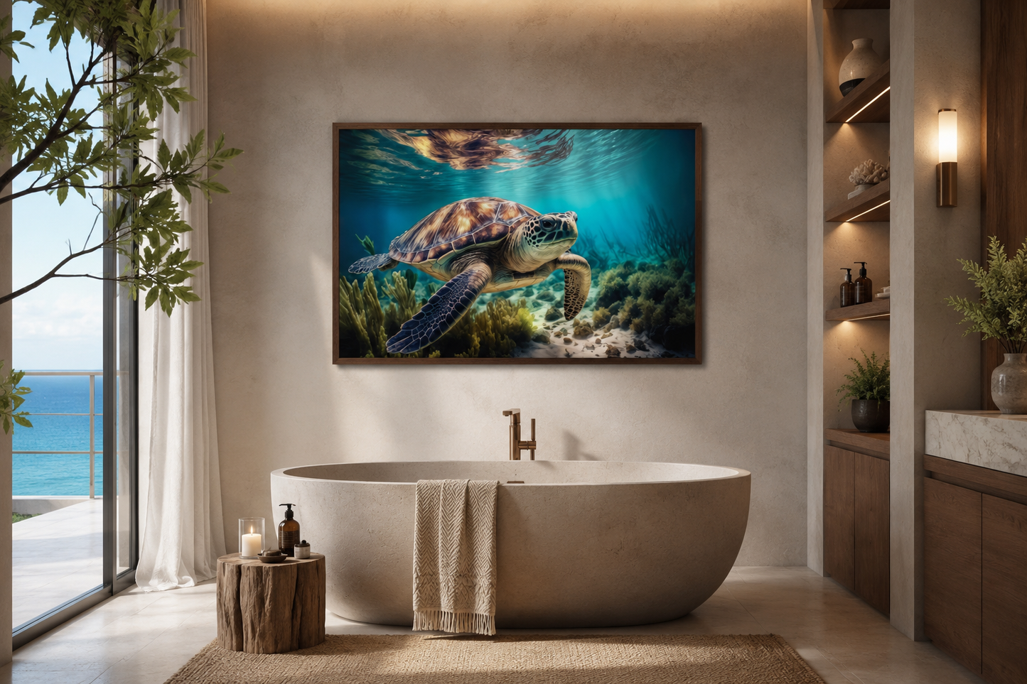 Sea Turtle In Coral Reef Underwater Canvas Wall Art