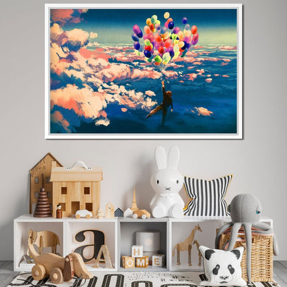 Flying with Colorful Balloons Canvas Wall Art