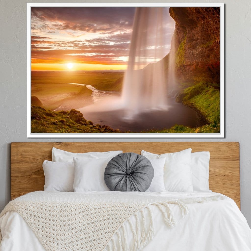 Sunset over Seljalandsfoss Waterfall Canvas Wall Art
