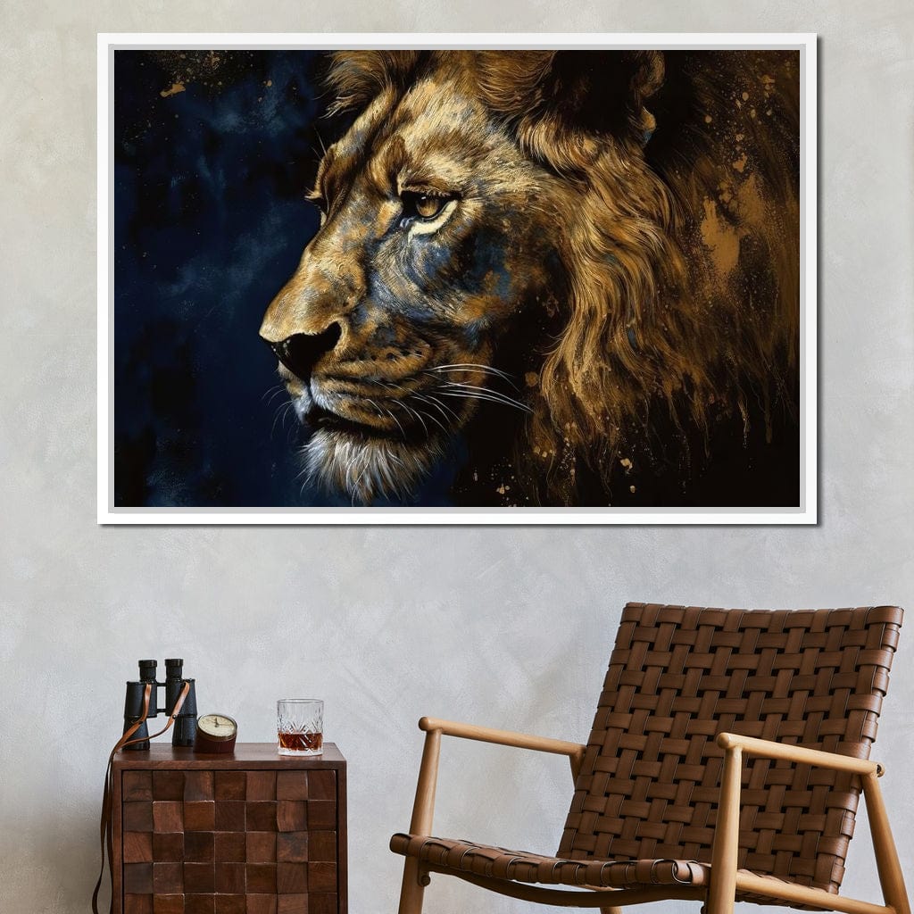 Golden Lion on Blue Background Canvas Wall Art