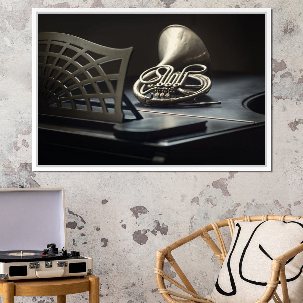 French Horn on the Grand Piano Canvas Wall Art