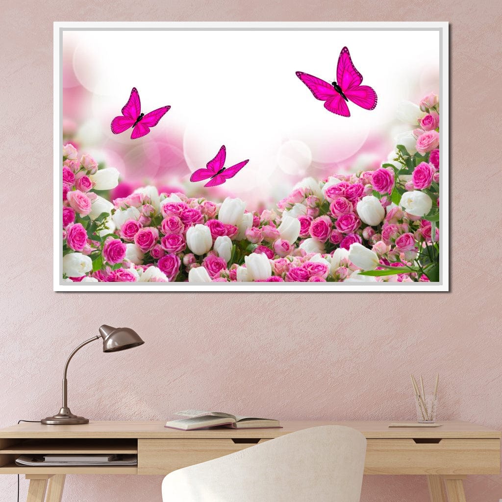 Pink Roses & Butterflies Canvas Wall Art