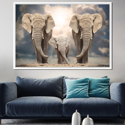 Elephant Family Under the Sun Canvas Wall Art
