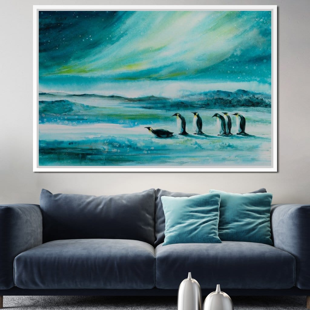 Penguins Under the Aurora Borealis Canvas Wall Art