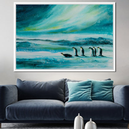 Penguins Under the Aurora Borealis Canvas Wall Art