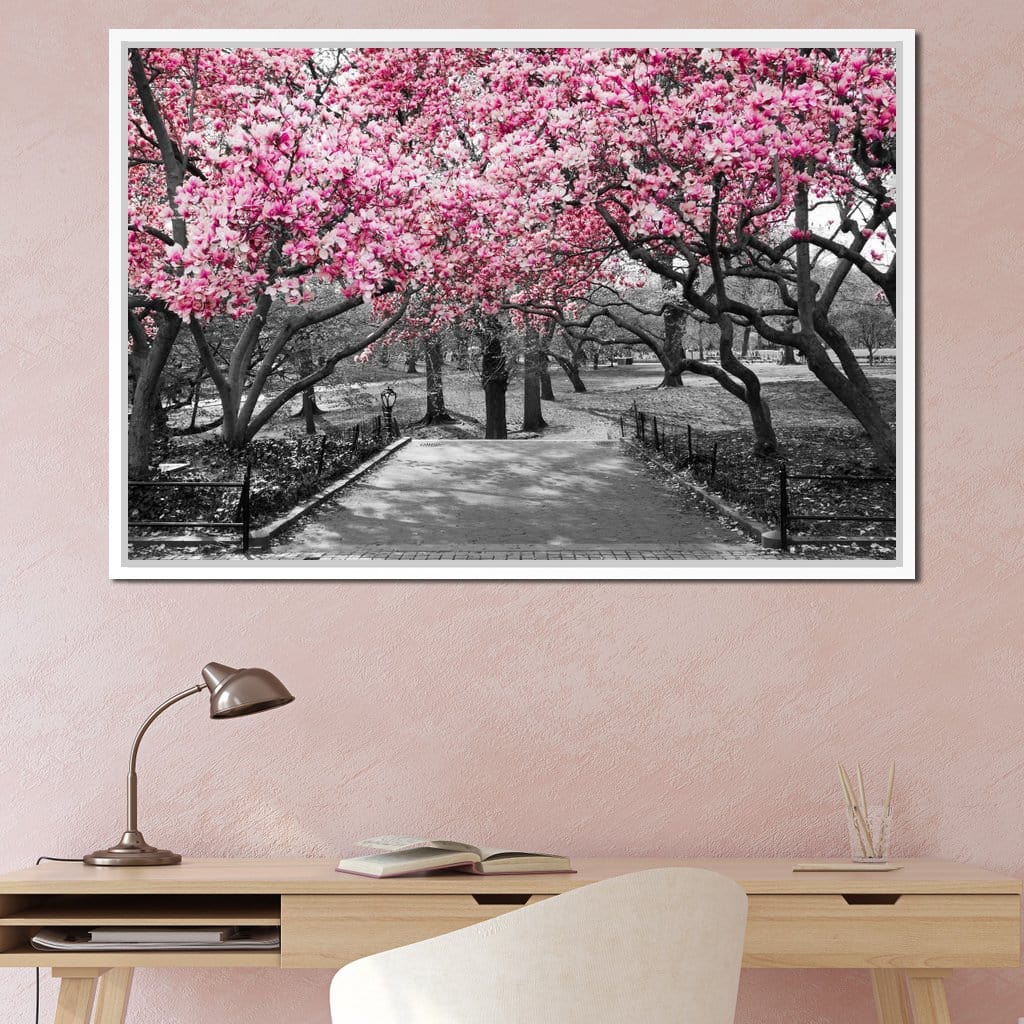 Pink Blossoms in Black and White Canvas Wall Art