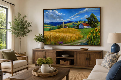 Farmhouse Landscape Wall Art - Impressionist Wheat Field with Sunflowers Canvas Print