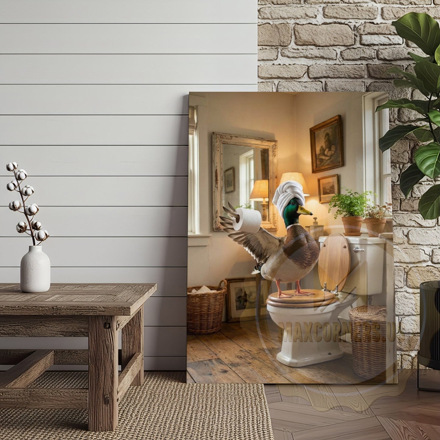 Duck Canvas Cottage Bathroom Towel Wrapped Humor Canvas Wall Art