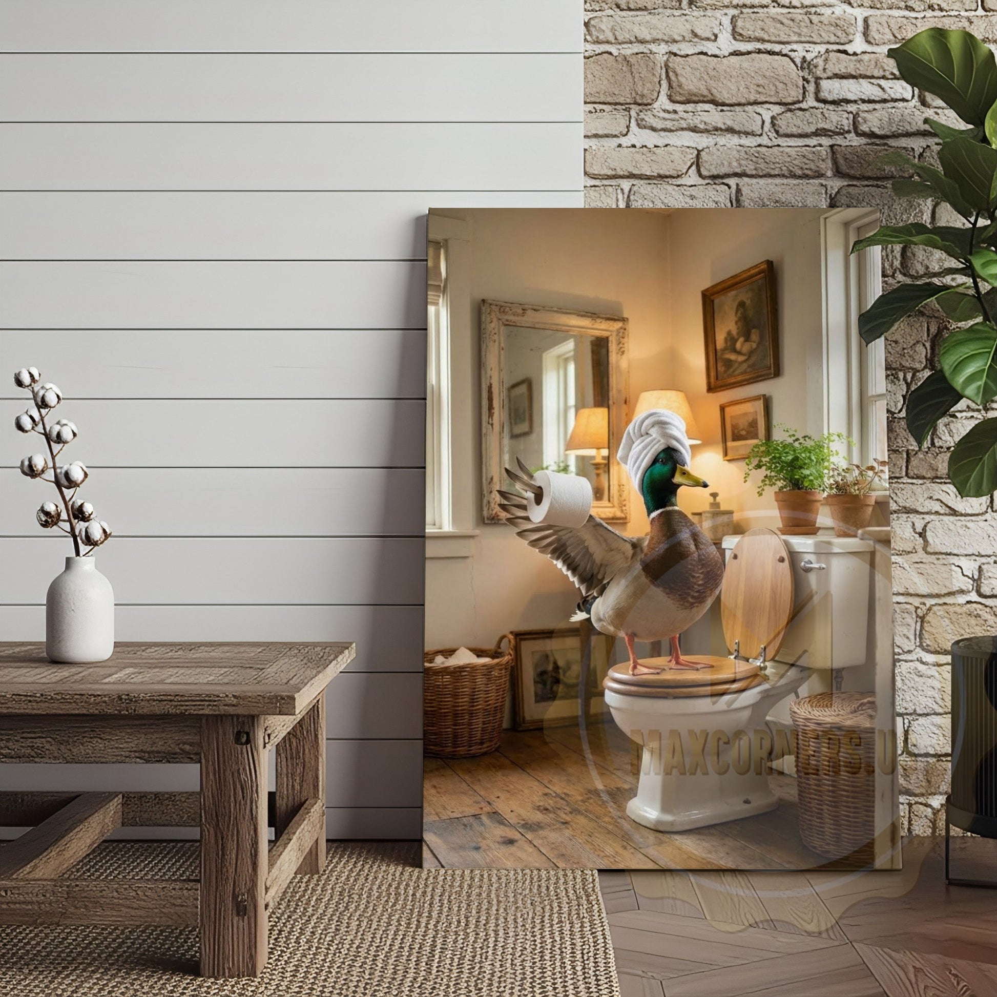 Duck Canvas Cottage Bathroom Towel Wrapped Humor Canvas Wall Art