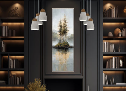 Rustic Island Canvas - Tonal Landscape Art With Misty Forest & Calm Water Reflections