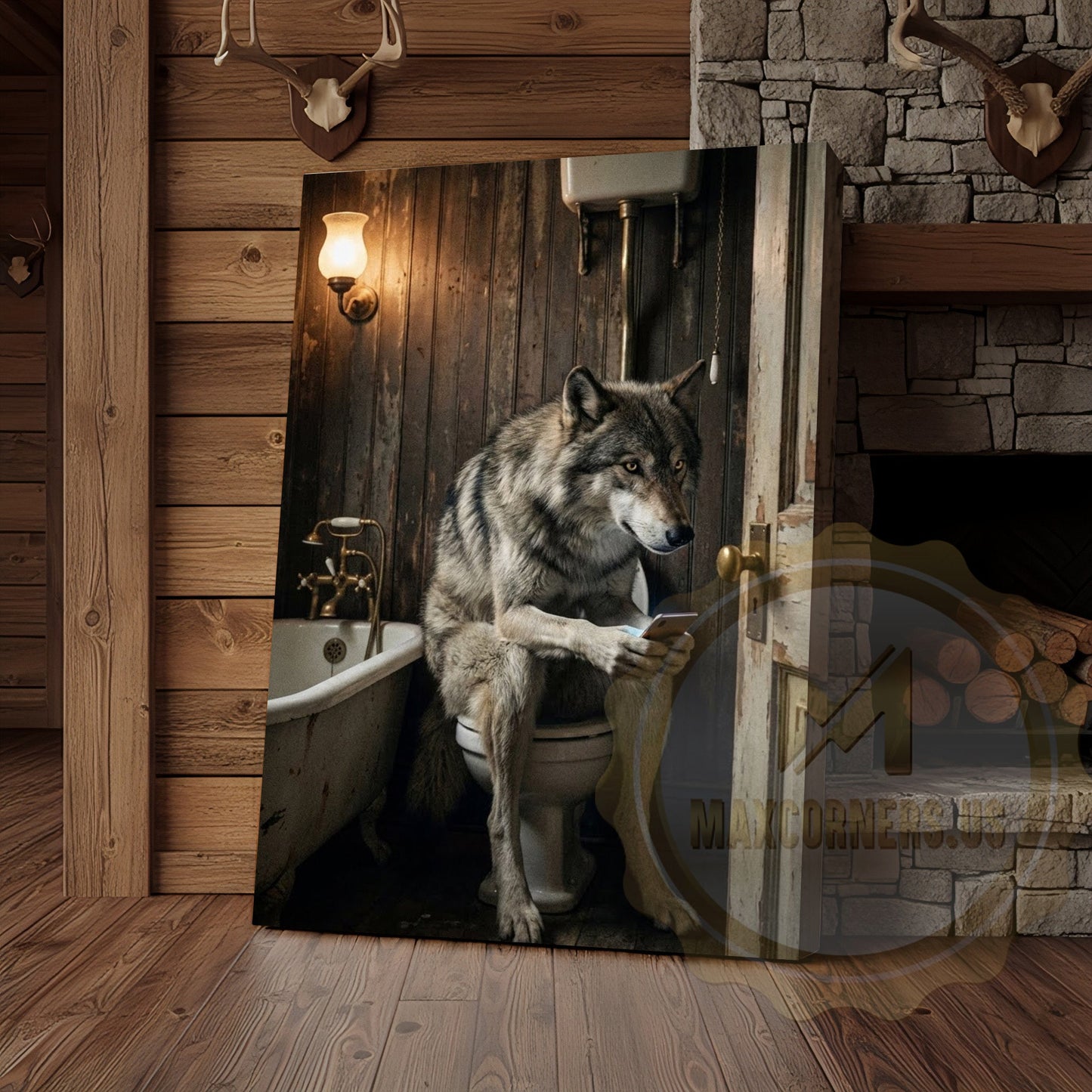 Wolf Canvas Vintage Bathroom Clawfoot Tub Humor Canvas Wall Art