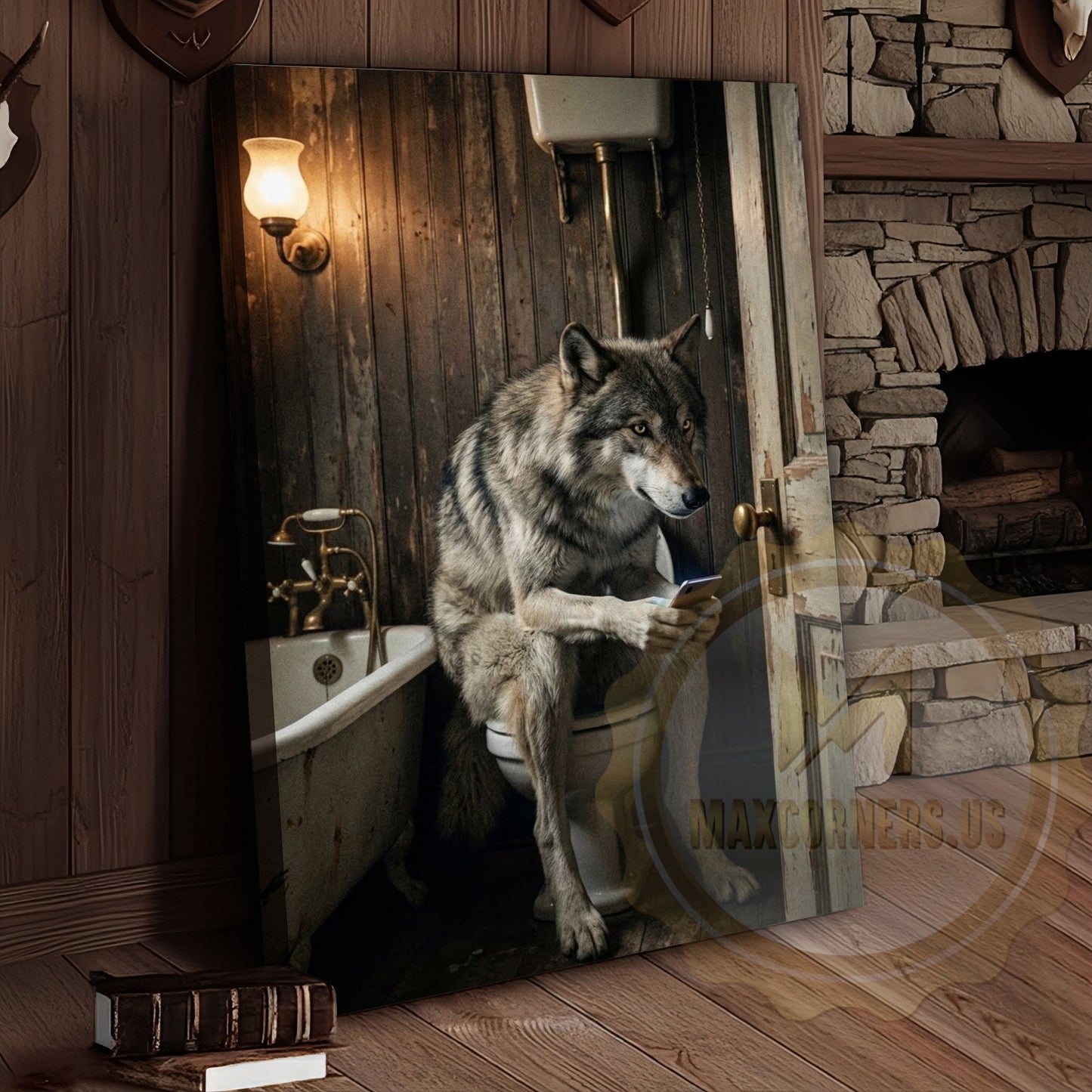 Wolf Canvas Vintage Bathroom Clawfoot Tub Humor Canvas Wall Art
