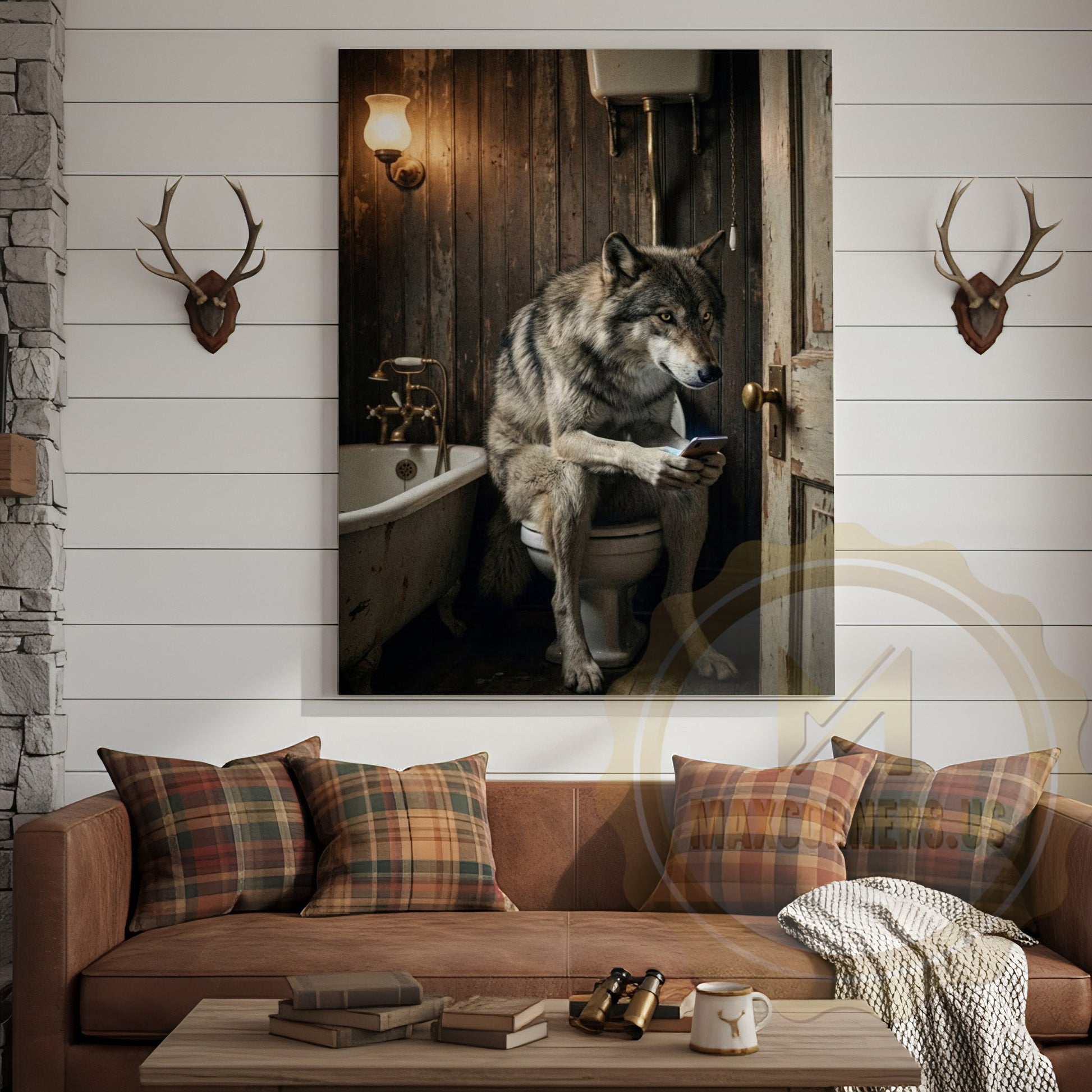 Wolf Canvas Vintage Bathroom Clawfoot Tub Humor Canvas Wall Art