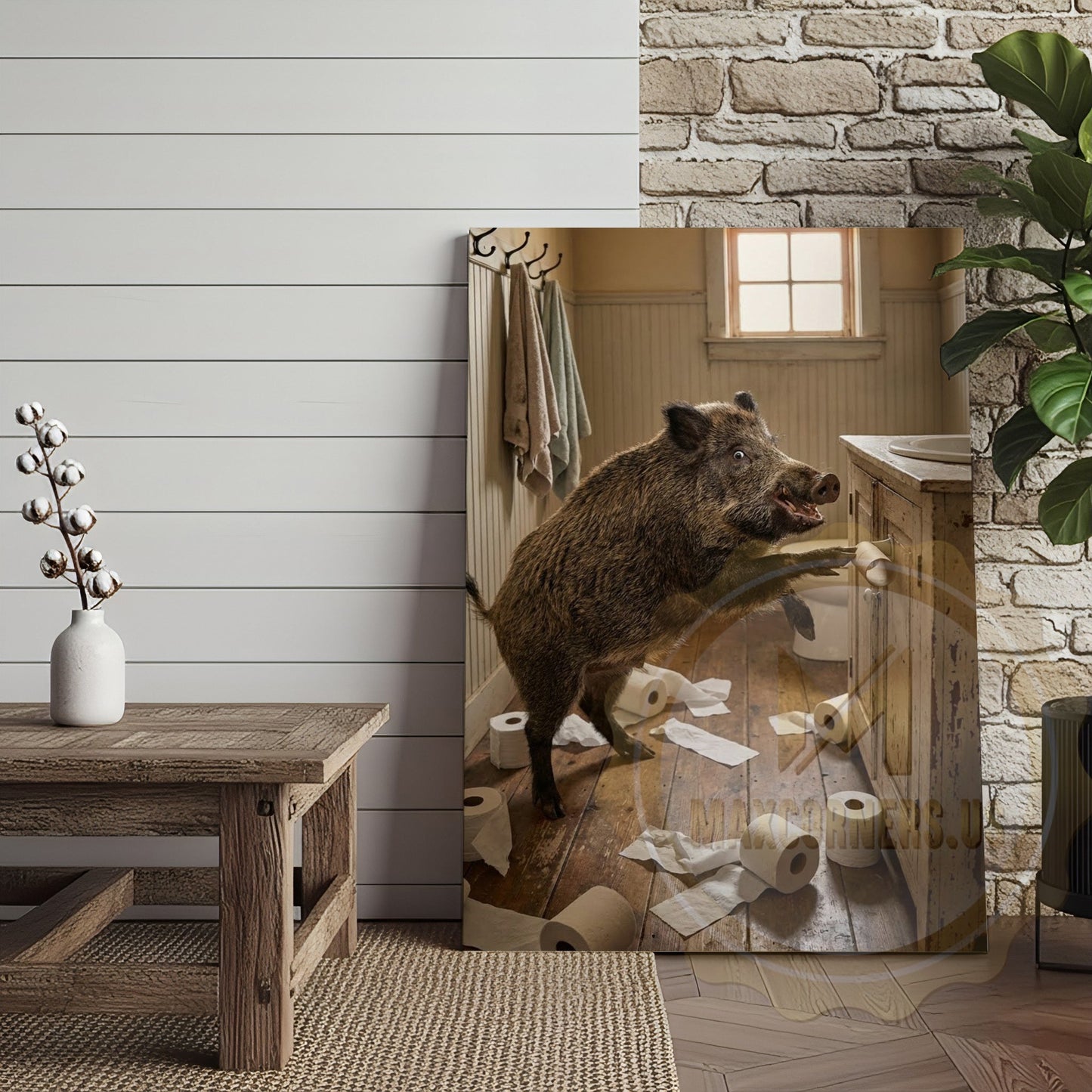 Wild Boar Canvas Rustic Bathroom Toilet Paper Mess Canvas Wall Art