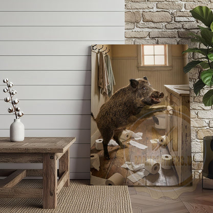 Wild Boar Canvas Rustic Bathroom Toilet Paper Mess Canvas Wall Art