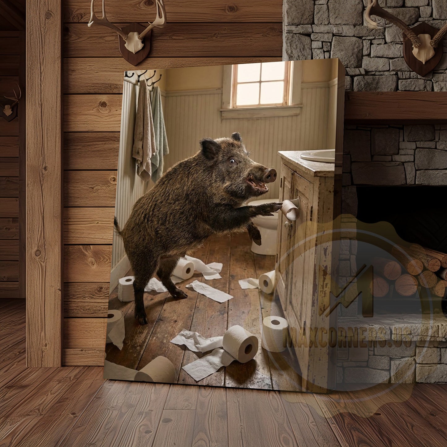 Wild Boar Canvas Rustic Bathroom Toilet Paper Mess Canvas Wall Art