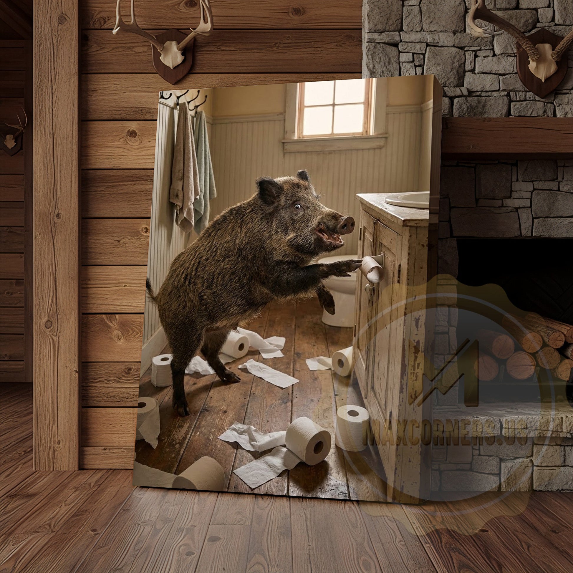 Wild Boar Canvas Rustic Bathroom Toilet Paper Mess Canvas Wall Art
