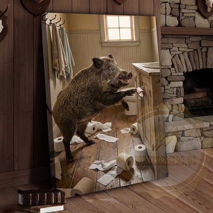 Wild Boar Canvas Rustic Bathroom Toilet Paper Mess Canvas Wall Art